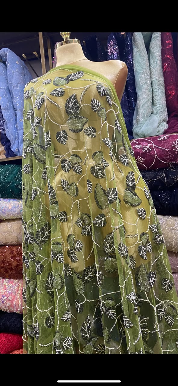 Olive Green beaded lace