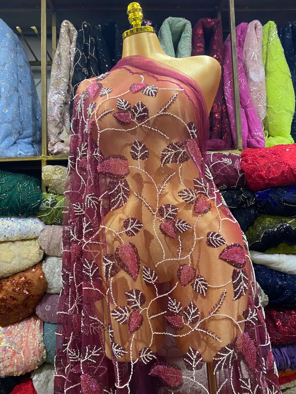 Wine color beaded lace